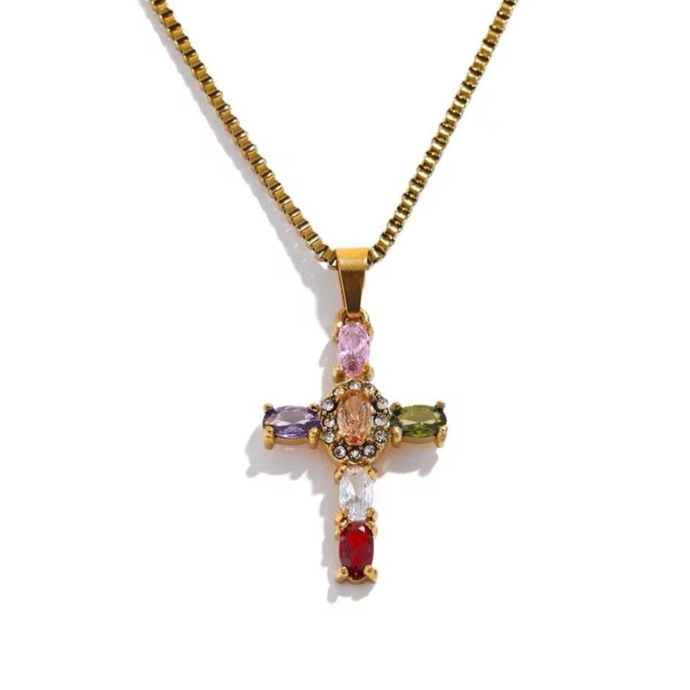 New Cross Pendant Necklace 18k Plated Multi Stone Baroque Chic
